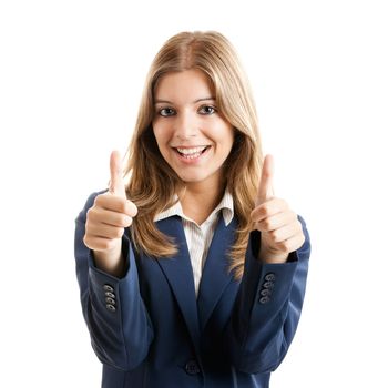 Portrait of a beautiful young business woman with thumbs up celebrating success