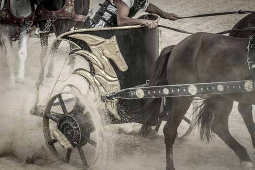 Strong, Roman chariot in a fight of gladiators, bloody circus