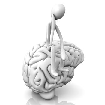 A cartoon figure con a huge brain. 3D rendered illustration. Isolated on white.