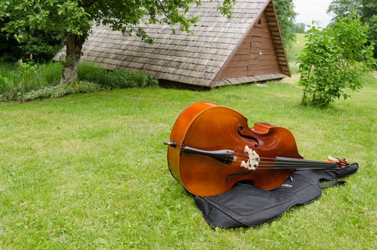 contrabass, double bass musical instrument on summer village grass