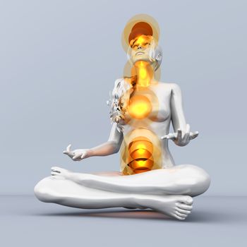 A woman performing a full chakra meditation. 3D rendered illustration. 