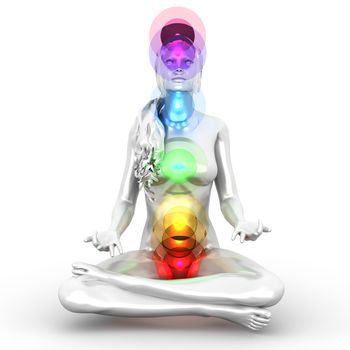 A woman performing a full chakra meditation. 3D rendered illustration. 