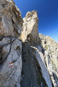 footpath on mountain ridge in San Pellegrino valley, Trentino, Italy