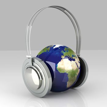 The music of Europe. Headphones and a world globe. 3D rendered Illustration. 