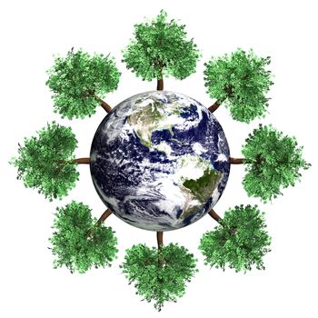 Symbol of environment and ecology. A world with trees. 3D rendered Illustration.