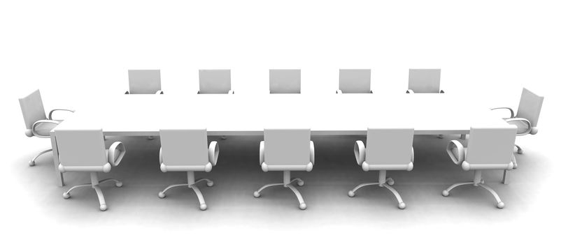 3D rendered Boardroom. Sterile white lightning setup. 
