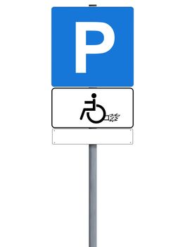 Parking spot for handicapped sign with drawing of rocket, isolated on white with copyspace