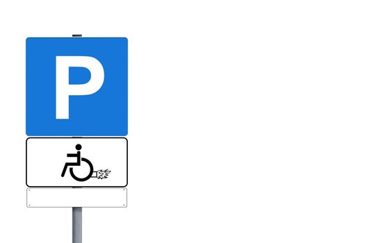 Parking spot for handicapped sign with drawing of rocket, isolated on white with copyspace