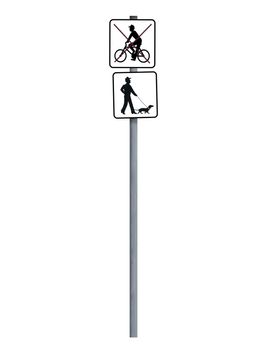 Isolated sign pole saying that bicycling is forbidden but pets allowed