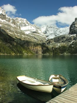 Wooden boats at Lake O'Hara, Yoho National Park, British Columbia, Canada