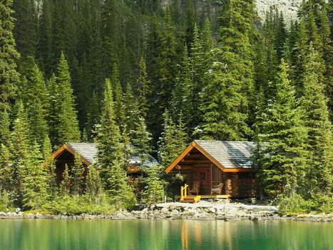 Wooden cabins at Lake O'Hara, Yoho National Park, British Columbia, Canada