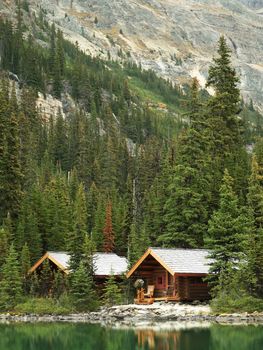 Wooden cabins at Lake O'Hara, Yoho National Park, British Columbia, Canada