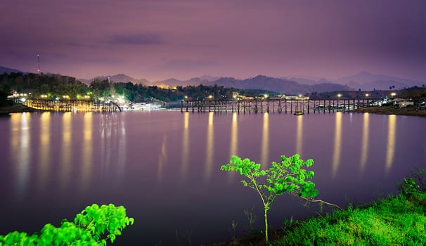 The Wooden Bridge with Twilight After Sunset at Sangkhlaburi district,Thailand.