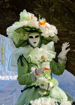 Green and white person at the 2014 venetian carnival of Annecy, France