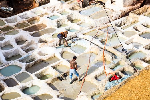 Traditional leather tannery in fez, morocco