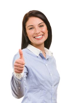 Portrait of young smiling business woman in ok gesture