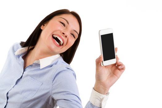 Portrait of young laughing brunette woman taking a self portrait with her phone