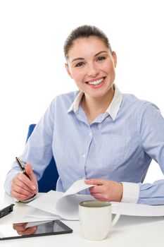 young smiling businesswoman looking at camera on white background