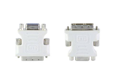 Computer DVI to VGA adapter isolated on white background.