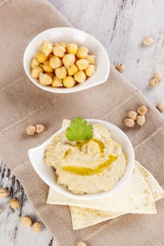 Hummus, chickpeas and pita bread on white wooden background. Culinary eastern cuisine.