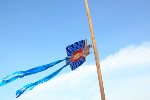 Beautiful kite flying in the blue sky.