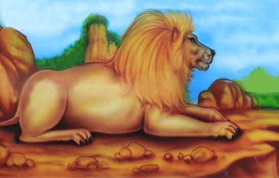 Painting in thailand temple that there are a lot story of animal on the wall, Lion.