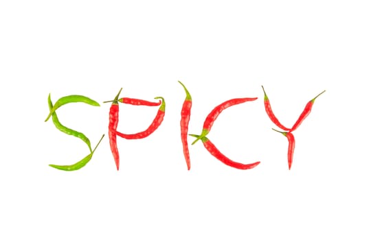 Fresh and dried chili peppers isolated on white background, created is the "SPICY" word. 