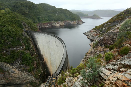 Huge arch dam in Tasmania, Australia