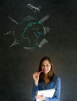 Business travel agent chalk airplane world globe with famous landmarks on blackboard background
