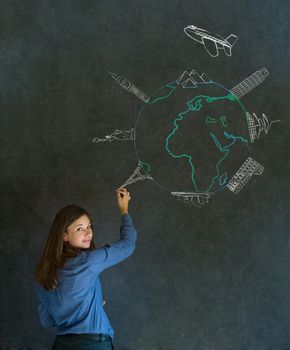 Business travel agent chalk airplane world globe with famous landmarks on blackboard background