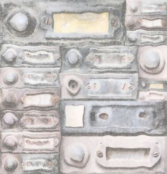 Drawing of the various old doorbells - mixed media