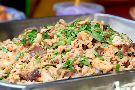 The spicy artificial minced meat salad with vegetable and chili, Vegan food.  