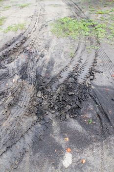 An image of a tire track on the soil.