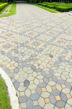 Walkwalk made of bricks in various colors at garden.