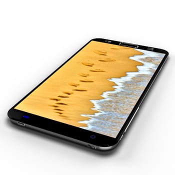 Modern smart phone with full screen background image. Image contains ocean wave wash away human footprints on sand at the beach.