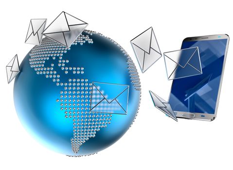 A lot of envelopes, as e-mail or sms, sent to the mobile phone on white background. 3d illustration concept background.