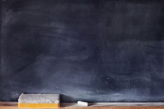 Blank blackboard with white chalk and eraser