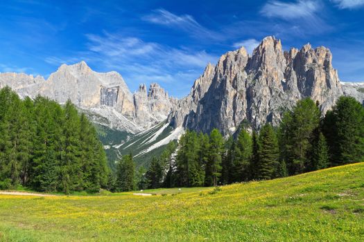 summer landscape of Italian Dolomites in Vaiolet Valley. On Background Catinaccio mount, Trentino, Italy