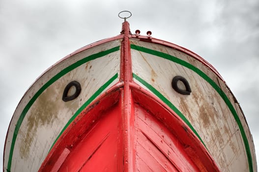 Bow of a fishing boat,  view from below.