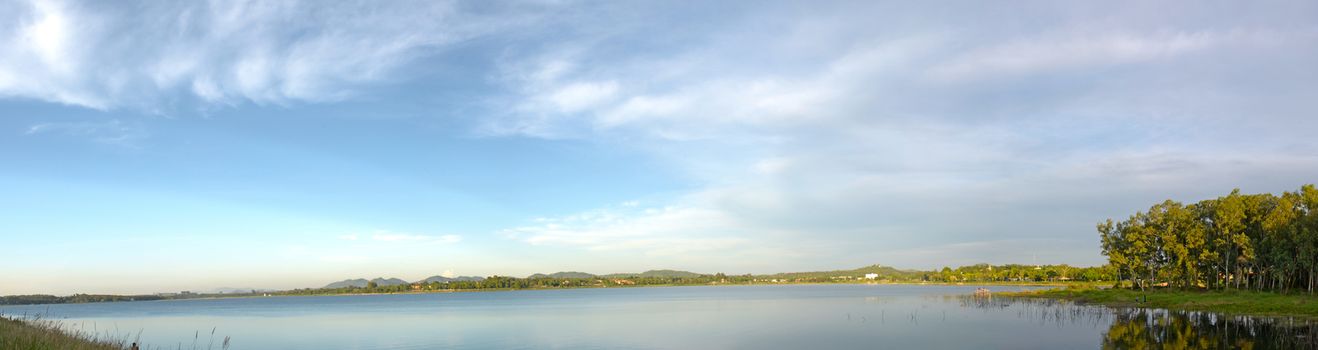 Lake and colorful cloudy sky in Panorama