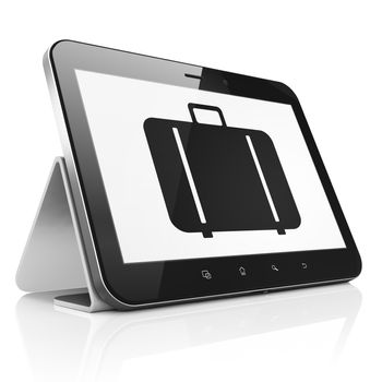 Tourism concept: black tablet pc computer with Bag icon on display. Modern portable touch pad on White background, 3d render
