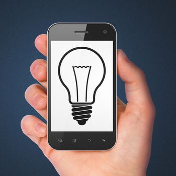 Business concept: hand holding smartphone with Light Bulb on display. Mobile smart phone on Blue background, 3d render