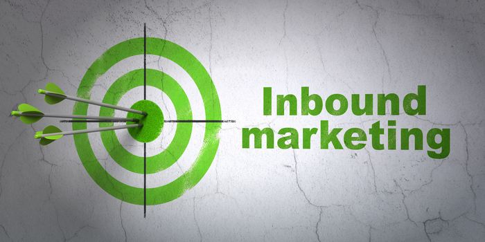 Success business concept: arrows hitting the center of target, Green Inbound Marketing on wall background, 3d render