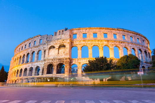 The Roman Amphitheater of Pula, Croatia shot at dusk. It was constructed in 27 - 68 AD and is among the six largest surviving Roman arenas in the World and best preserved ancient monument in Croatia.