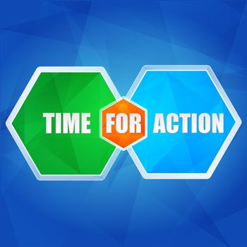 time for action - business motivation concept words in color hexagons over blue background, flat design