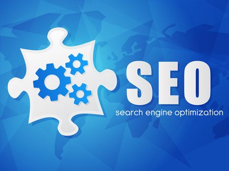 SEO and puzzle piece with gear wheels, search engine optimization text over blue background with world map, flat design, business technology concept words