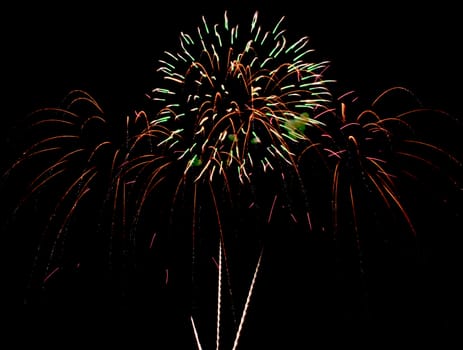 Exposure of multiple fireworks with a black sky.