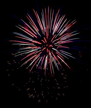 Exposure of multiple fireworks with a black sky.