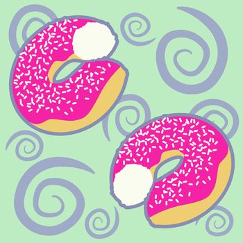 Pattern with flying donuts on a green background