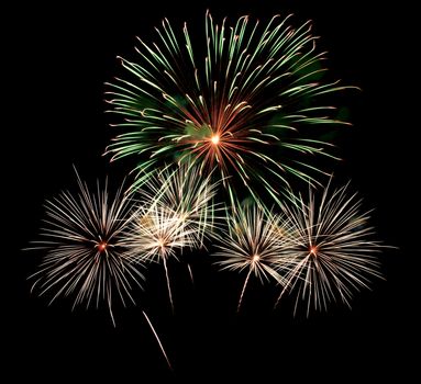 Exposure of multiple fireworks with a black sky.